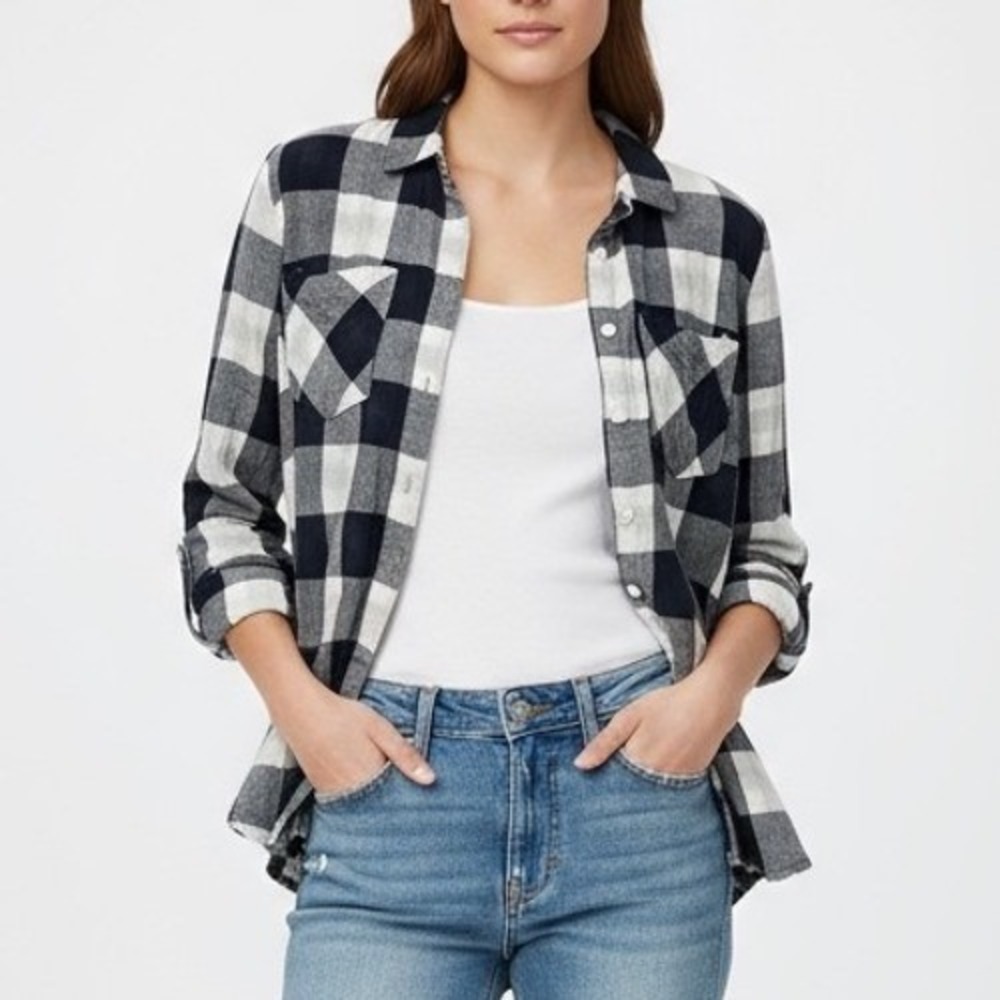 Thread & Supply Plaid Flannel Shirt Button Down Long Sleeve Navy Ivory M - Picture 1 of 8